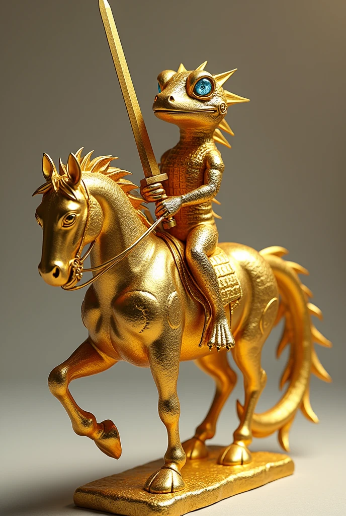 Photorealism , a king lizerd riding a horse and carring a sword, this must be a solid gold statue with diamond eyes