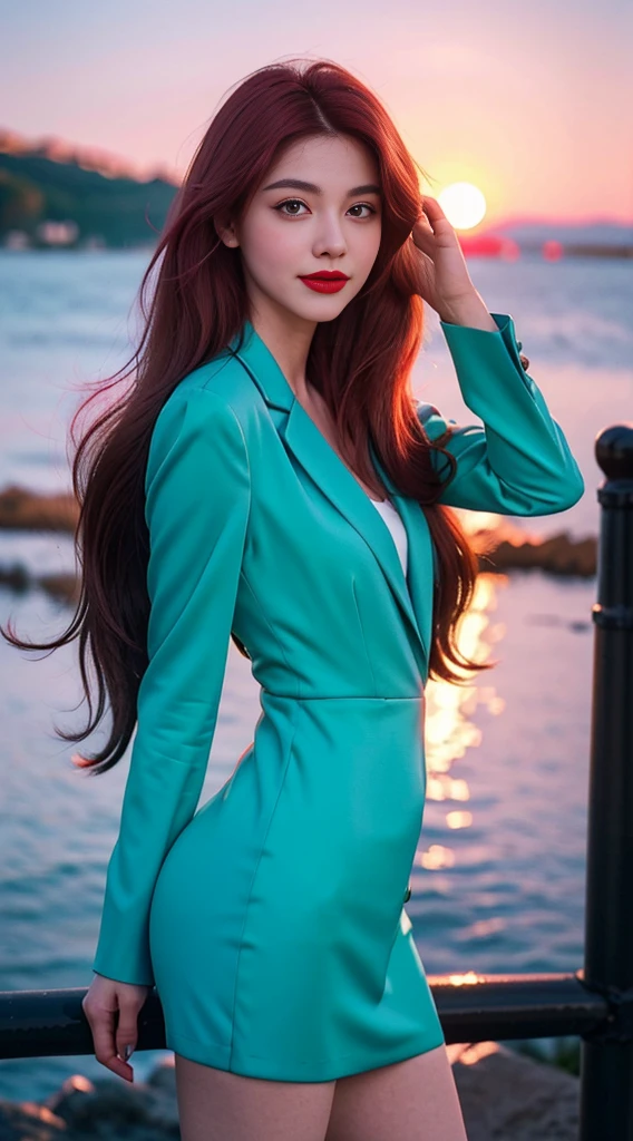 Realiy,Camera to take pictures,European and American face,tmasterpiece,best qualityer,highest quality,realisticlying,perfectanatomy,perfectface,Perfect eyes,long eyelasher,largeeyes,eye glass,Red lips,lipstick,Business suit,1girll,solo,(Green long hair),shift dresses,eBlue eyes,shairband,Pink dress,blacksilk,red hairband,exteriors, ssmile,lakeside,the sunset🌇