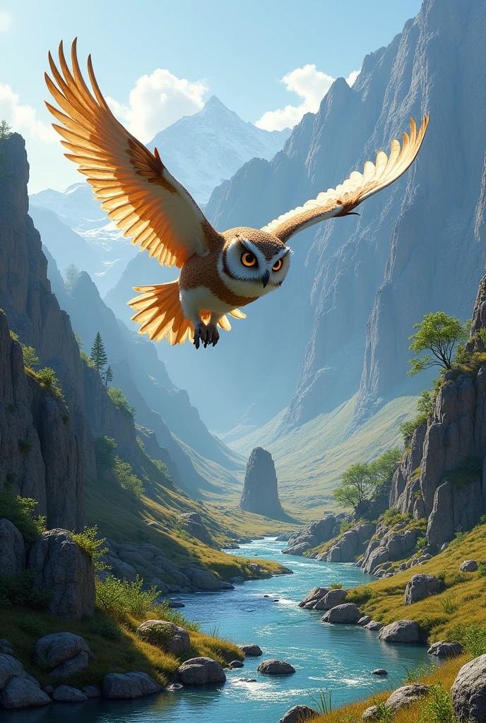 An small owl flying over a mountain. Below is a stream. A rock in the middle is blocking the flow of water.