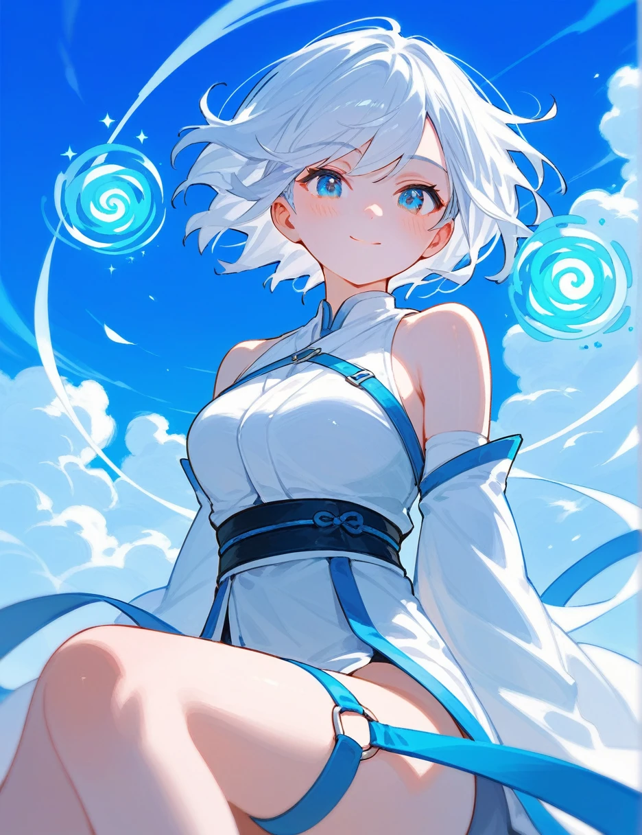 (from below:0.6), score_9_up,score_8_up, white hair, white kimono, bare shoulders, short hair, blue eyes, 1girl, solo,((blush)), closed mouth, smile, medium breast, pose, ((sitting)), (thin girl:1.2),clouds, long gloves, ((blue wind magic)), belts, straps, (outline)
