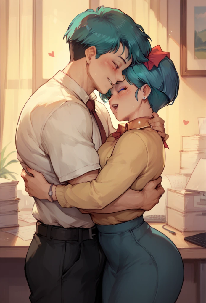 score_9, score_8_up, score_7_up, Bulma and Male Boss, boy hug Bulma, orgasm, in the office