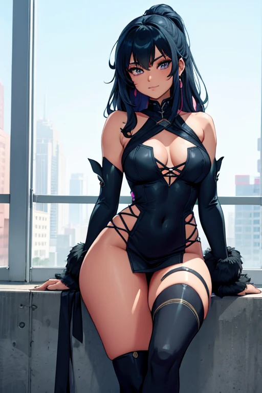 female, blue messy long hair, hazel eyes, dark skin, (((1girl))), (((blue and black minidress with pink trim))), (blue fingerless gloves), (black thigh high heeled boots), cute and sexy, full body, modest breasts, long legs, smirking