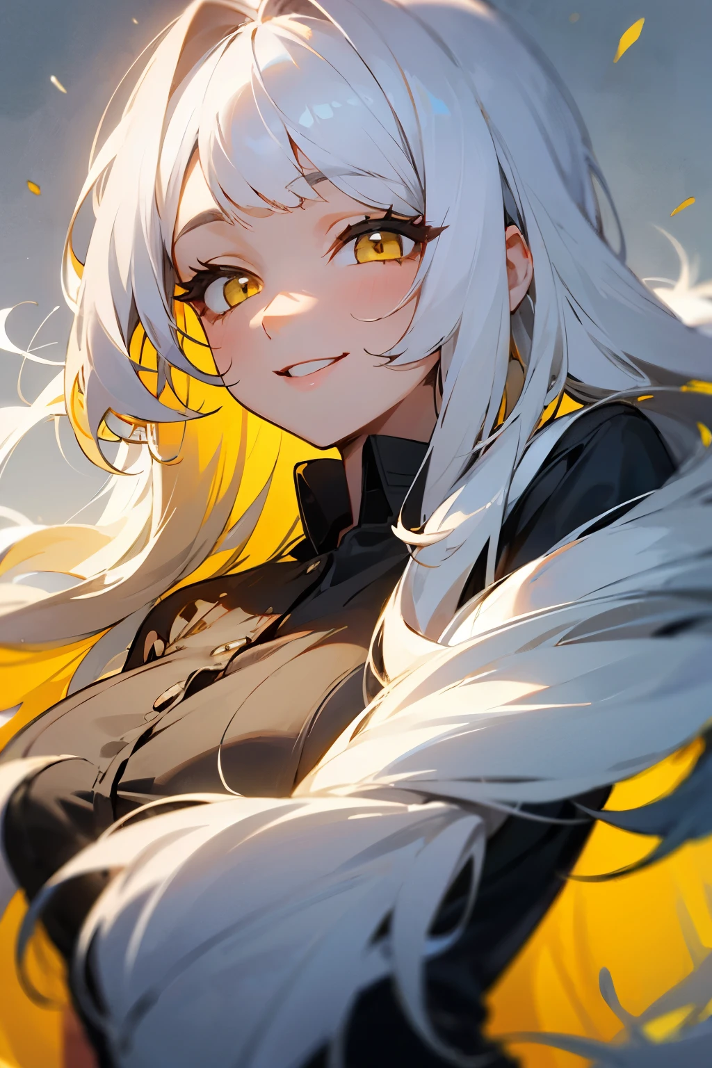 A beautiful woman. Vibrant yellow eyes. Long fluffy hair with bangs. White eyelashes. Smiling playfully. Black shirt. Long hair. One person. White hair.