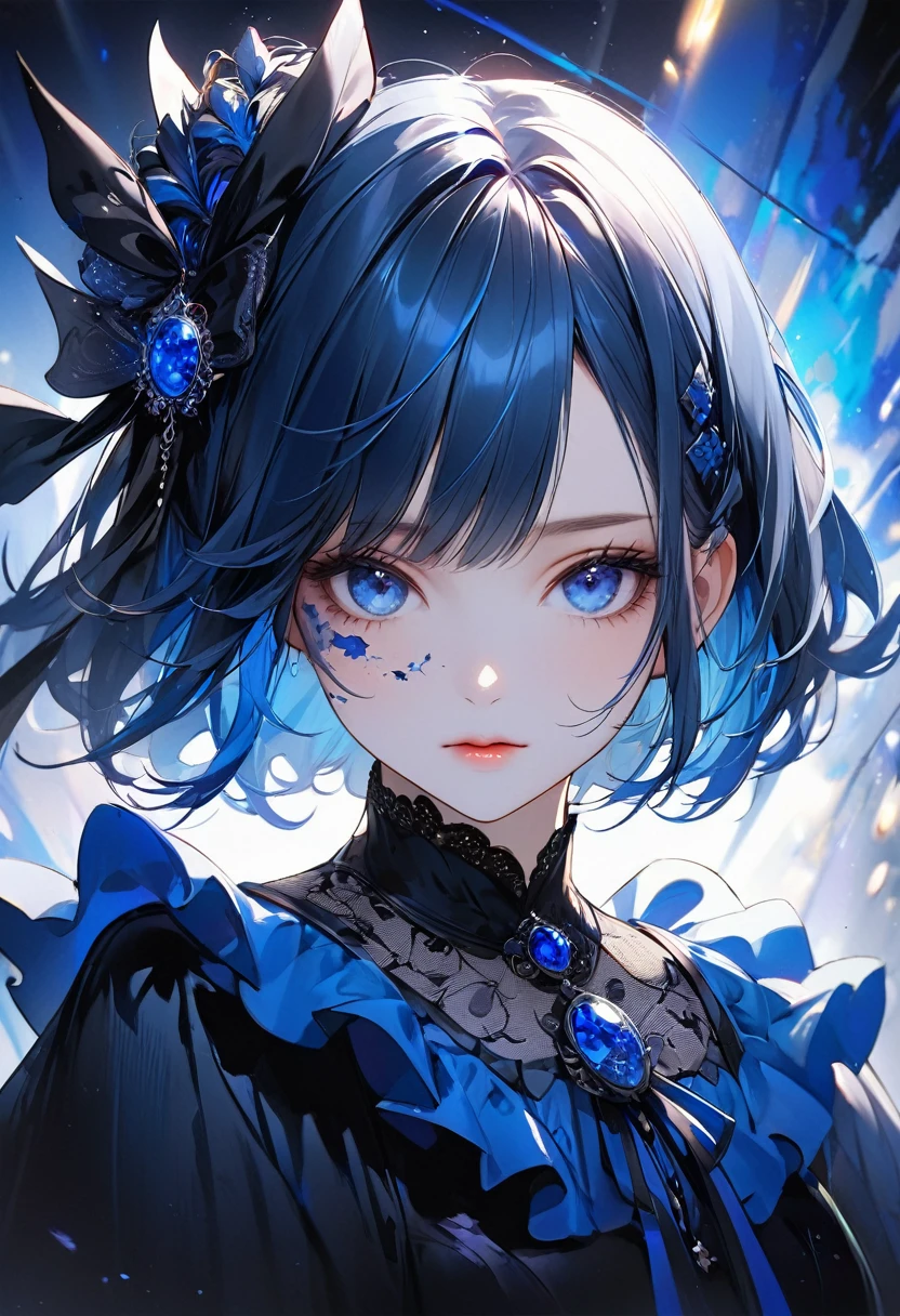 (Digital Art:0.2),(Highest quality),(masterpiece),Delicately painted face,She had a beautiful face.,Beautiful and exquisite blue eyes,Gothic Fashion,((Black and blue costume)),(Beautiful silky blue hair:1.2),Black ribbon hair ornament,Cinema Lighting,Abstract,Beautiful artistic illustration、Character portrait、Facing forward、vtuber