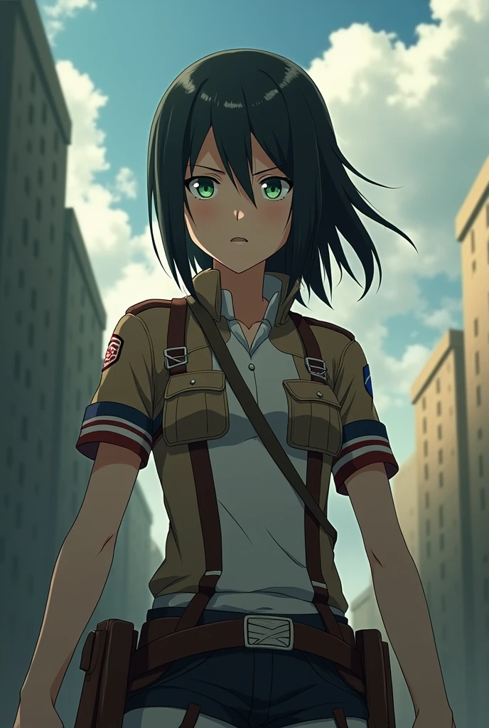 woman, full body, shoulder length black hair, fears, green eyes, Cadet, in the style of anime Attack on titan
