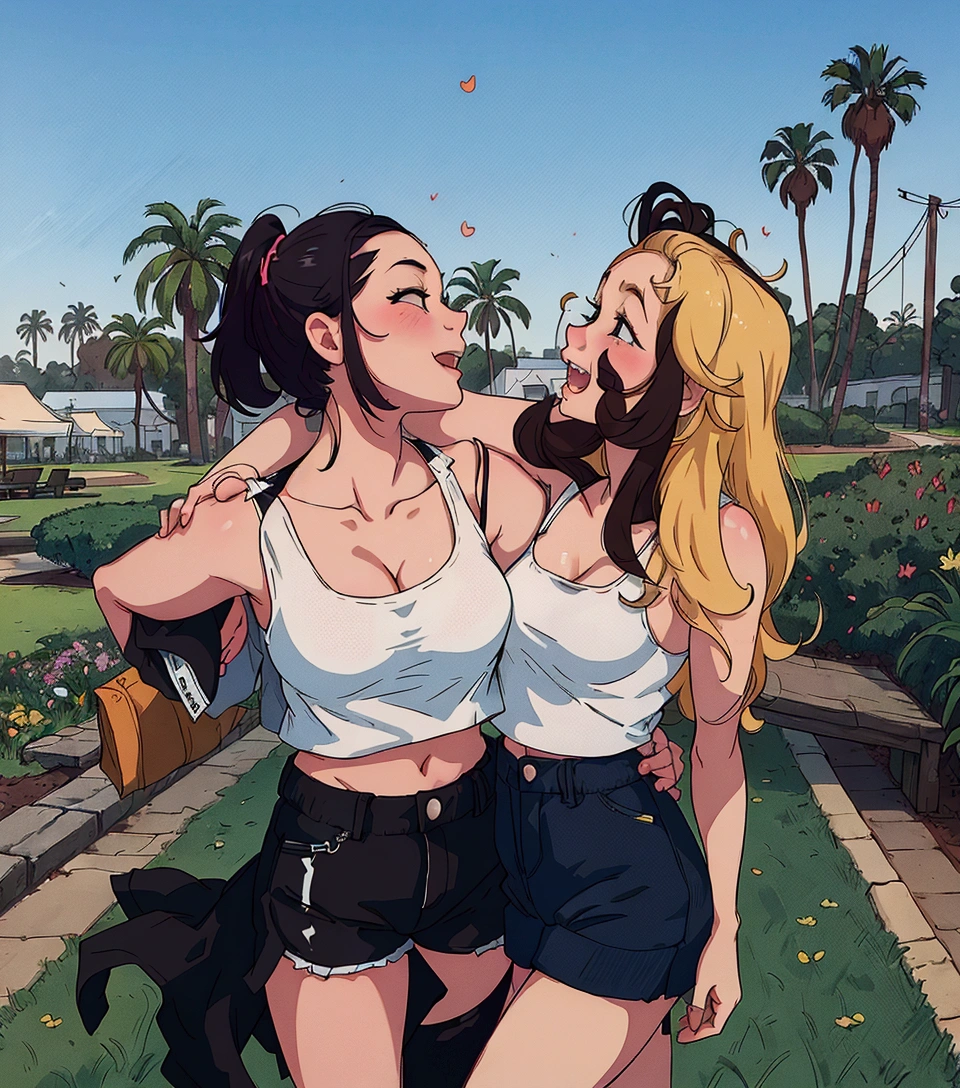 (best quality:0.8) perfect anime illustration, two women standing next to each other in a park, two girls, both laughing, ruan jia and mandy jurgens, college girls, childhood friend vibes, coachella, 📷 mungojerrie and rumpleteazer, two models in the frame, wearing a cropped tops, palm trees in the background, two beautiful women in love, wearing a cropped black tank top