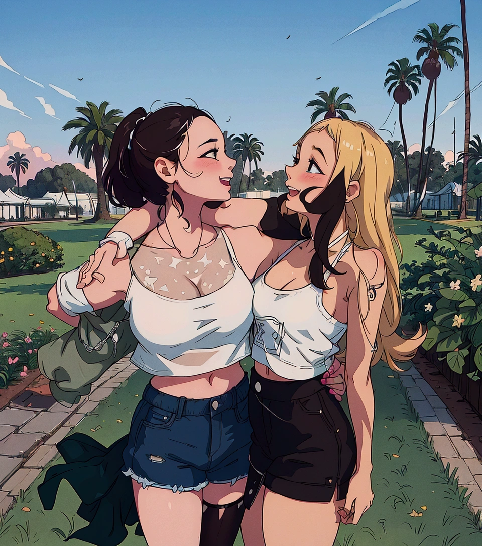 (best quality:0.8) perfect anime illustration, two women standing next to each other in a park, two girls, both laughing, ruan jia and mandy jurgens, college girls, childhood friend vibes, coachella, 📷 mungojerrie and rumpleteazer, two models in the frame, wearing a cropped tops, palm trees in the background, two beautiful women in love, wearing a cropped black tank top