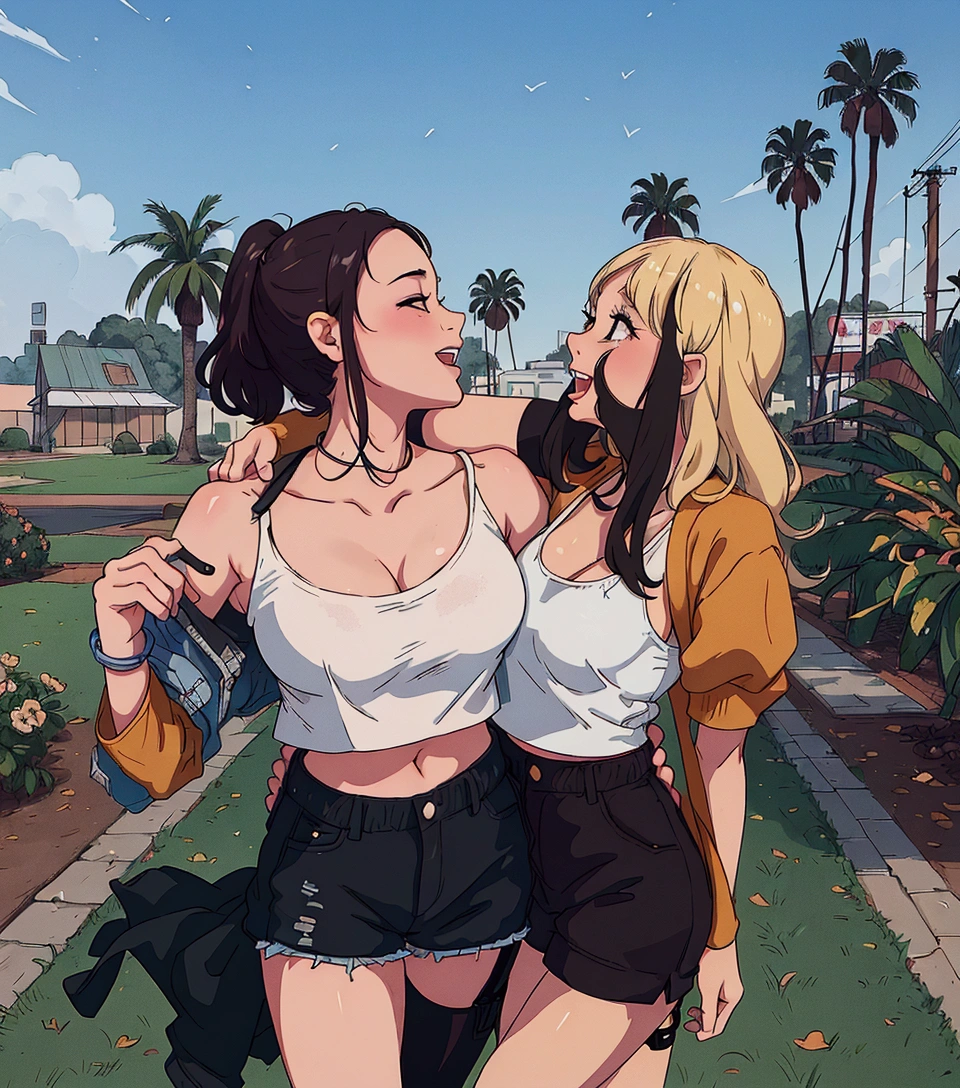 (best quality:0.8) perfect anime illustration, two women standing next to each other in a park, two girls, both laughing, ruan jia and mandy jurgens, college girls, childhood friend vibes, coachella, 📷 mungojerrie and rumpleteazer, two models in the frame, wearing a cropped tops, palm trees in the background, two beautiful women in love, wearing a cropped black tank top