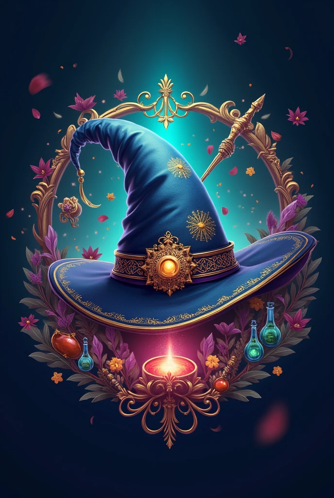A logo with the inscription Mysthaven Academy of Magic with an interesting magic concept and a background with a magic background decorated with elements of magic elements such as magic wands, The potion and the magical hat in the center, which looks luxurious with a picture size of 1.:1