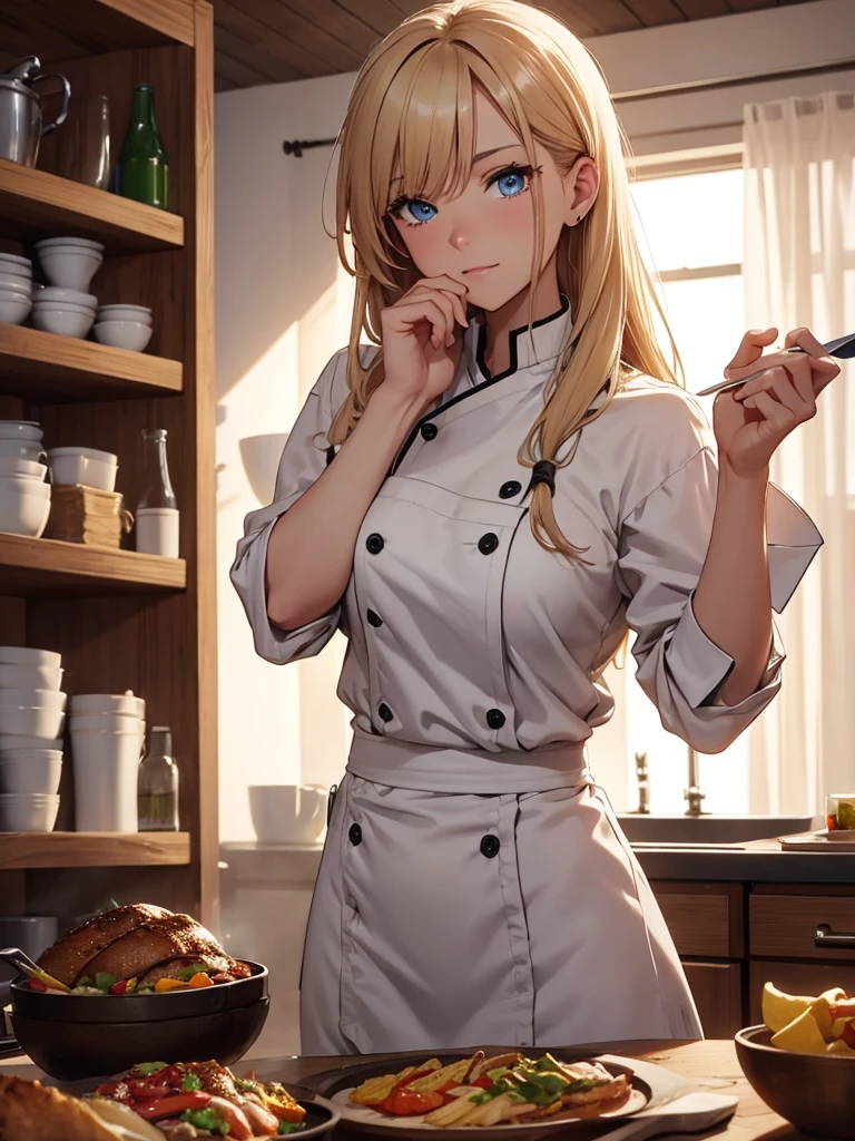 (((best quality, sharp image, clear image, cinematic lighting, 8k resolution, masterpiece, ultra detailed, intricate))) Girl, chef, (funny), ((clumsy)), cooking, kitchen, action pose, blond hair, long hair, blue eyes. 