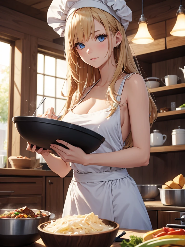 (((best quality, sharp image, clear image, cinematic lighting, 8k resolution, masterpiece, ultra detailed, intricate))) Girl, chef, (funny), ((clumsy)), cooking, kitchen, action pose, blond hair, long hair, blue eyes.