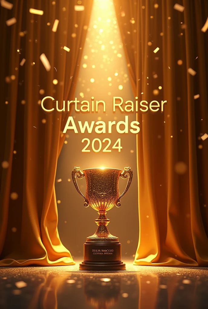 A luxurious, golden curtain being drawn back to reveal a sparkling award trophy, with spotlights and confetti in the background. The text overlay reads "Get Ready for the Curtain Raiser Awards 2024!" in bold, elegant fonts. Create a realistic image
