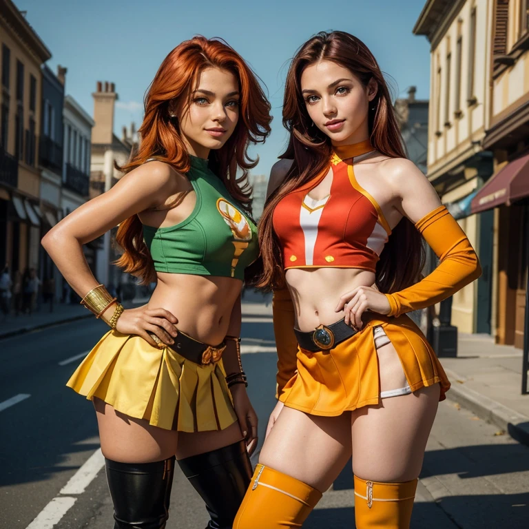 (​masterpiece, best quality:1.5), highest quality, High resolution, super detailed, Realists, Full body photo of 18-year-old Starfire from Teen Titans, detailed and beautiful green eyes, beautiful detailed lips, very detailed eyes and face, longeyelashes, additional eyebrows in the forehead area, Beautiful and colorful makeup, Fighting Pose, dark red hair, slightly orange skin, bright daylight, bright colors, fine brushstrokes, Portrait style, beautiful color palette, glowing skin, First-class rendering, that captures every detail, enchanting atmosphere, (perfect anatomy:1.2), (The two stunning Starfire wear a top with shoulder plate, Skirt with tights and overknee boots.Animated series Teen Titans 2003, Starfire flies through the air,  Energy shines in her hands. They smile with joy Panoramic view:1.2)