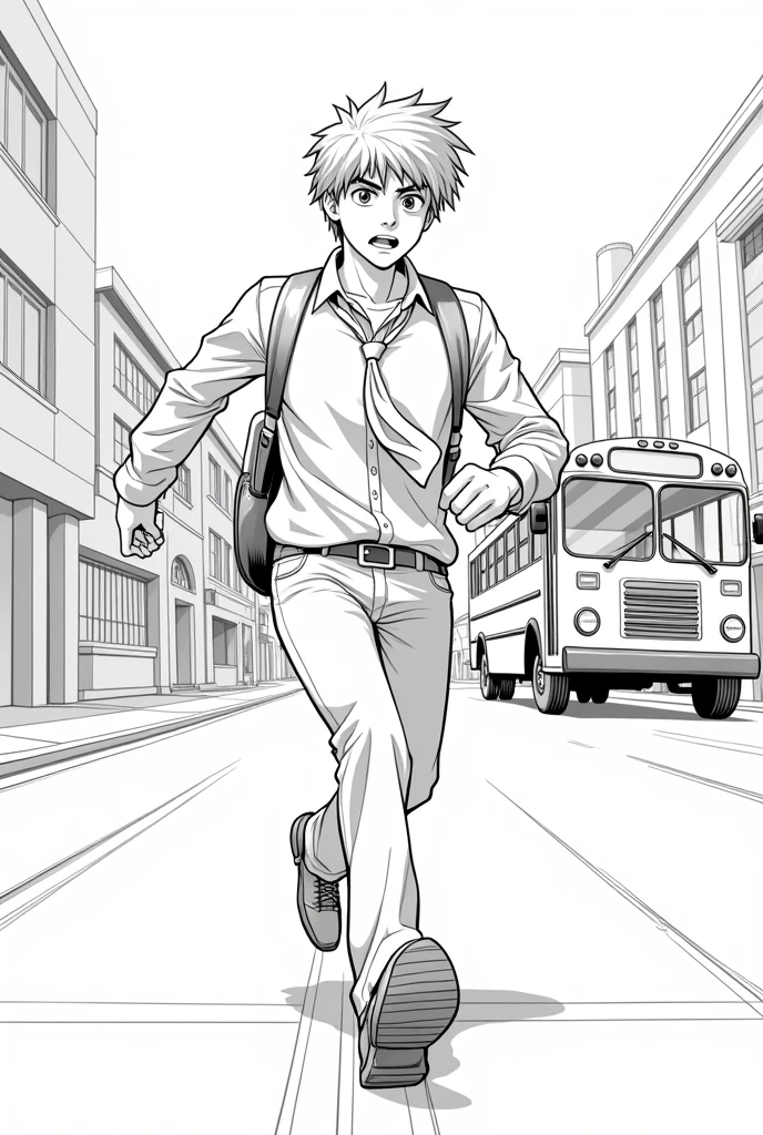 A highschool boy trying to catch up to a bus because he's late,wearing a school uniform,line art,side view