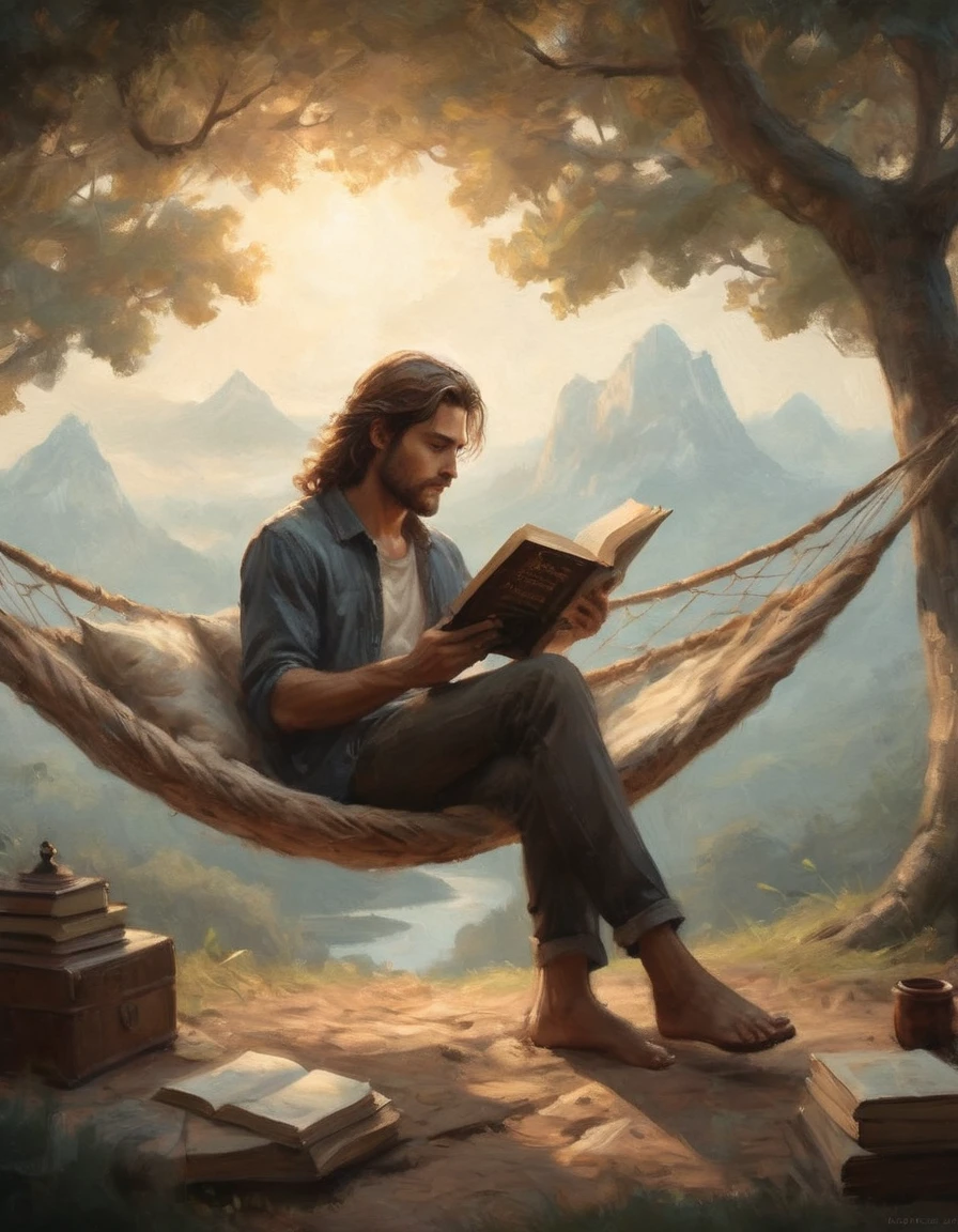 Hyperreal digital art style, "Fairytale", fantasy world coming out of centered book, open book, hyperdetailed double exposure fantasy illustration, masterpiece, cinematic, by Andreas Lie, Luke Gram, photorealism, backlit, gorgeous light, a man with long hair resting in a hammock reading a book
