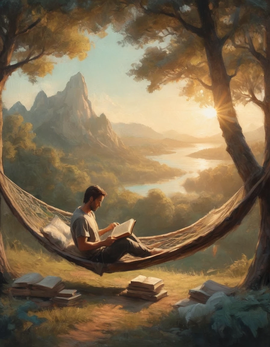 Hyperreal digital art style, "Fairytale", fantasy world coming out of centered book, open book, hyperdetailed double exposure fantasy illustration, masterpiece, cinematic, by Andreas Lie, Luke Gram, photorealism, backlit, gorgeous light, a man with long hair resting in a hammock reading a book