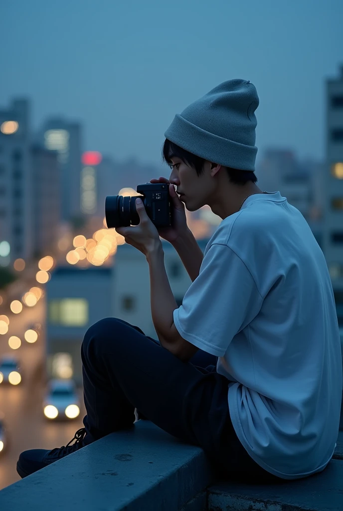 This image contains、A Japanese adult man sitting on a rooftop at dusk or at night、The cityscape in the background is shown.。The person is、His face was obscured by his light grey beanie hat.、A loose white T-shirt 、He is wearing casual clothes, including black pants.。Her head is tilted downwards and her expression is unclear.。He was concentrating on adjusting the camera he was holding.、Looks like they&#39;re getting ready to take a photo。The scene is cool and calm in color.、The lighting casts a blue hue over the rooftop area.、The city below is lit by warm yellow light from the buildings and cars in the parking lot.。The overall atmosphere is、It conveys a sense of quiet concentration and urban exploration.。