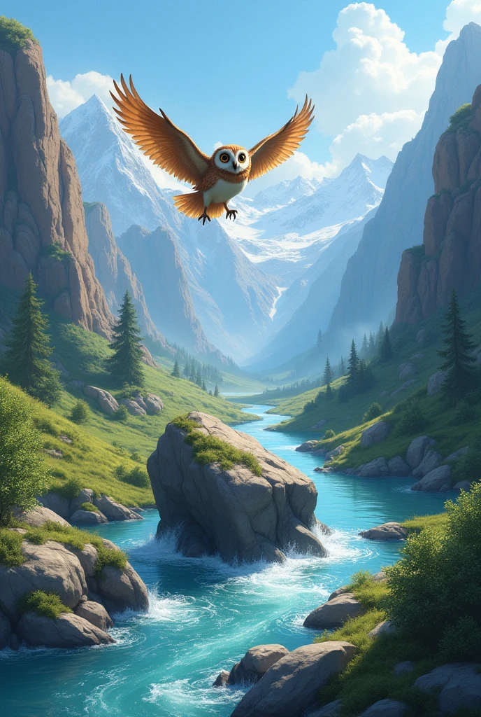 An small owl flying over a mountain. Below is a stream. A rock in the middle is blocking the flow of water.