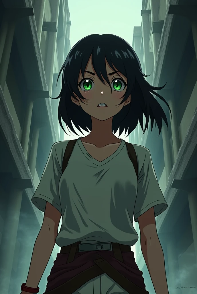 woman, full body, shoulder length black hair, fears, green eyes, in the style of anime Attack on titan 