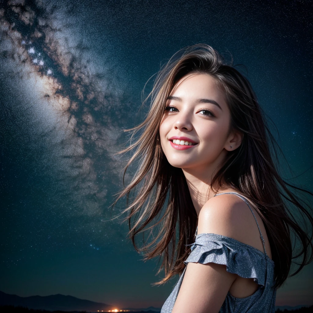 1 girl, Starry Sky,night, shooting star,Upper Body,close,smile,, (8k, RAW Photos, Highest quality, masterpiece:1.2),(Realistic, photo-Realistic:1.37),
