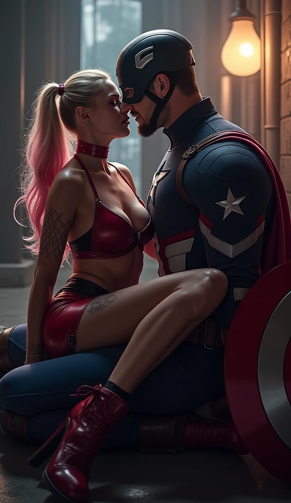 Sexiest Harley Quinn sits on Captain America's lap.