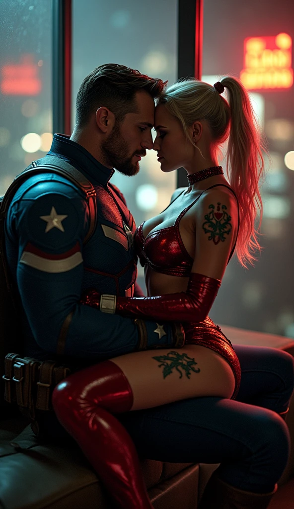 Sexiest Harley Quinn sits on Captain America's lap.
