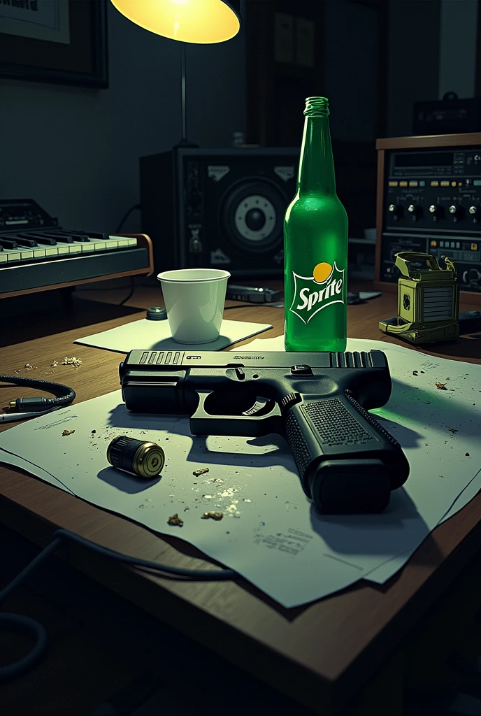 Glock and a white cup of codeine and a bottle of sprite on a table inside a music studio