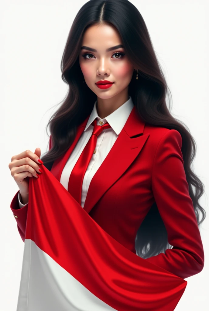 Portrait, beautiful woman, holding Indonesian flag, alpha female, shirt, blazer red, tie, elegant, black hair, white background