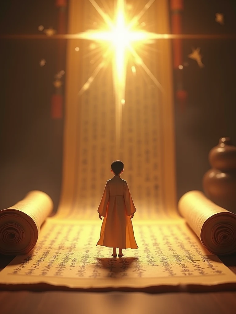 illustration, Dunhuang art style, Extremely long-distance lens, A mysterious little person, Wearing traditional silk dress, Standing on an ancient soft scroll with golden ancient texts, Zen style, Bright Star, Light and Shadow, Ancient White, epic, Extremely delicate brushstrokes, 3D Rendering, Reality, Photographed by DJI
