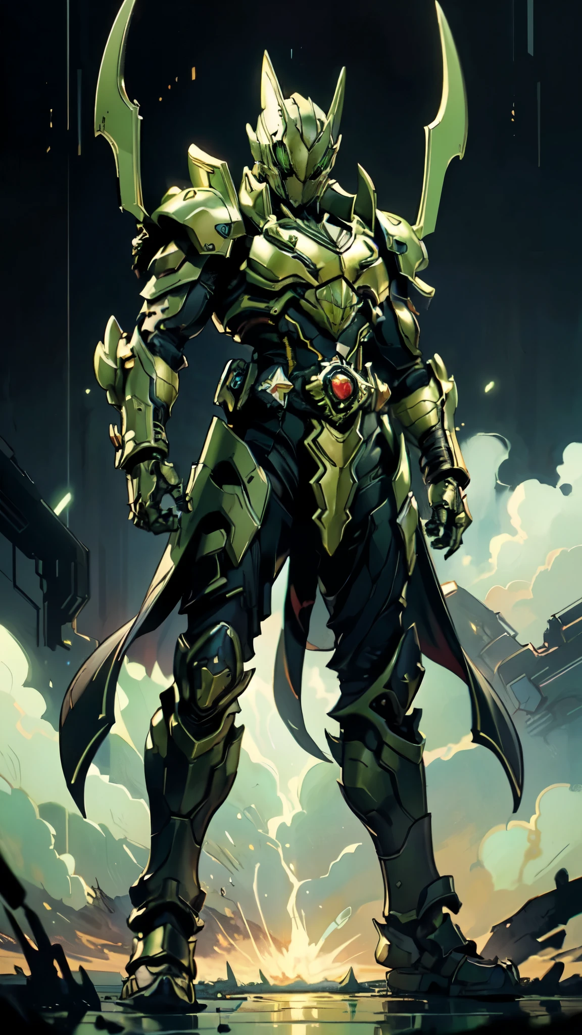 (masterpiece:1.5, best quality:1.5, extremely delicate:1.5), a man wearing a full-face helmet, a fantasy-style biotech armored combat suit, green eyes, (a composite layered chest armor), fully enclosed shoulder guards, matching arm and leg guards, belt of Neon circuit, (the color scheme is primarily black with green and red accents), the design balances heavy with agility, a high-tech bio-mecha armor, (Armor Concept Inspired by Kamen Rider, stand on the top of a skyscraper in a futuristic sci-fi city), this character embodies a finely crafted fantasy-surreal style armored hero in anime style, exquisite and mature manga art style, (element, plasma, energy, the armor glows), ((male:1.5)), metallic, high definition, highres, ultra-detailed, ultra-fine painting, professional, perfect body proportions, golden ratio, anatomically correct, symmetrical face, extremely detailed eyes and face, high quality eyes, creativity, RAW photo, UHD, 32k, Natural light, cinematic lighting, masterpiece-anatomy-perfect