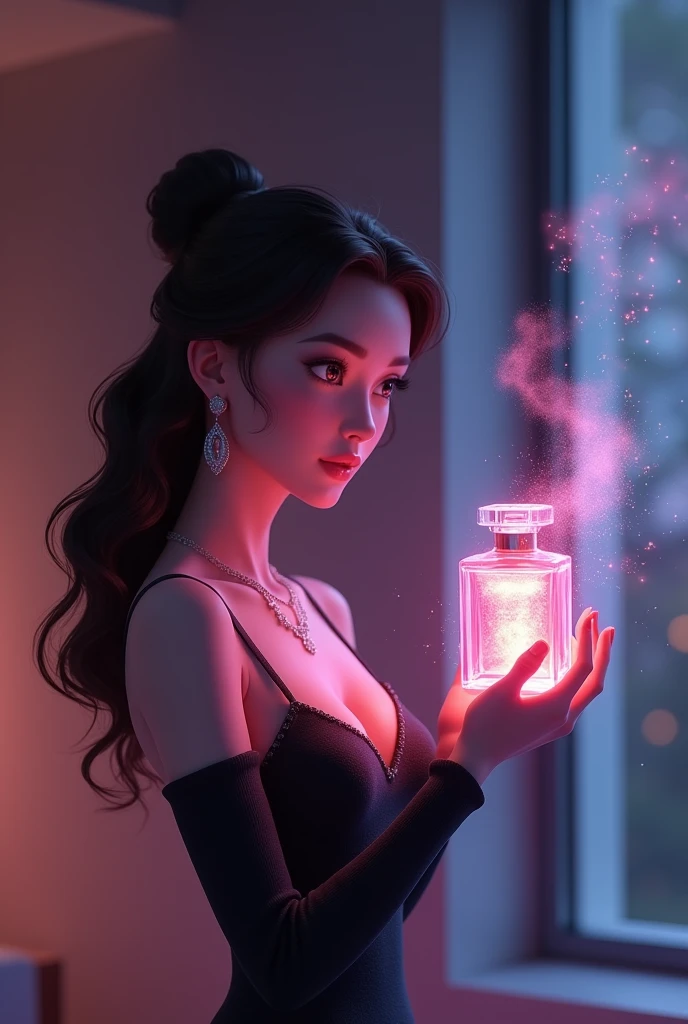 Jennifer's First Use: "A famous actress, Jennifer, in a chic, modern room, spraying the 'Shadow of Soul' perfume. The air shimmers with an enchanting, mysterious glow: animation form
