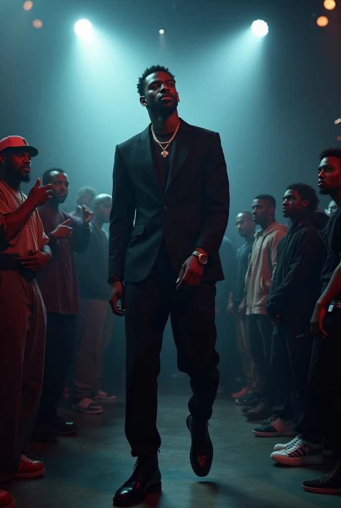 A 2024 modern black origin artist who bursts into a performance hall where his rapper competitors artists are surprised to see him in this performance hall.
