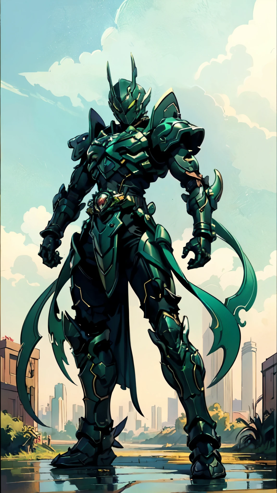 (masterpiece:1.5, best quality:1.5, extremely delicate:1.5), a man wearing a full-face helmet, a fantasy-style biotech armored combat suit, green eyes, (a composite layered chest armor), fully enclosed shoulder guards, matching arm and leg guards, belt of Neon circuit, (the color scheme is primarily black with green and red accents), the design balances heavy with agility, a high-tech bio-mecha armor, (Armor Concept Inspired by Kamen Rider, stand on the top of a skyscraper in a futuristic sci-fi city), this character embodies a finely crafted fantasy-surreal style armored hero in anime style, exquisite and mature manga art style, (element, plasma, energy, the armor glows), ((male:1.5)), metallic, high definition, highres, ultra-detailed, ultra-fine painting, professional, perfect body proportions, golden ratio, anatomically correct, symmetrical face, extremely detailed eyes and face, high quality eyes, creativity, RAW photo, UHD, 32k, Natural light, cinematic lighting, masterpiece-anatomy-perfect