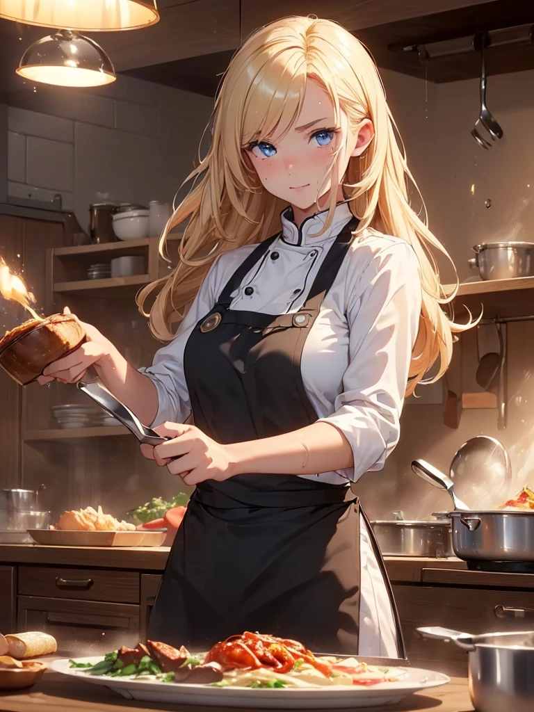 (((best quality, sharp image, clear image, cinematic lighting, 8k resolution, masterpiece, ultra detailed, intricate))) Girl dropping a pan, chef, (funny), ((clumsy)), cooking, kitchen, ((action pose)), blond hair, long hair, blue eyes.
