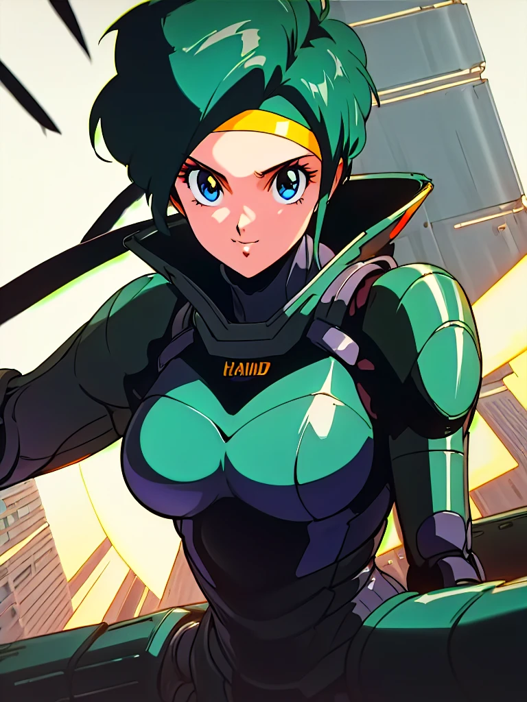 In a neon-drenched cyberpunk landscape, 20-year-old anime beauty Linna soars across the city's towering skyscrapers. With her striking features and crow's feather-colored hair framed by lightning, she's an imposing presence. Her piercing gaze and confident smile shine through her light green metal hard suit with bright orange lines, inspired by Syd Mead's industrial machine designs. In extreme close-up, her kind eyes sparkle beneath a yellow bandana wrapped around her forehead. As raindrops slam down, Linna's high-speed running in the backlight makes her look cool and stylish.