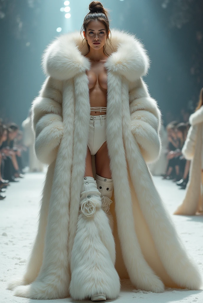 Very wide、Very thick, white mink fur coat, Thickness 150cm, fluffy, Thick white mink fur collar, 3 floors、Wearing a thick white mink fur hood、3 floors、(Fur fashion show)、naked、Nordic beauties、High ponytail、(Very large breasts:4.1)、naked、(Squat down and spread your legs)