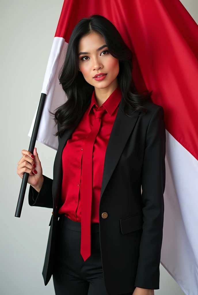 Portrait, beautiful woman, holding Indonesian flag, alpha female, shirt, blazer red, tie, elegant, black hair, white background