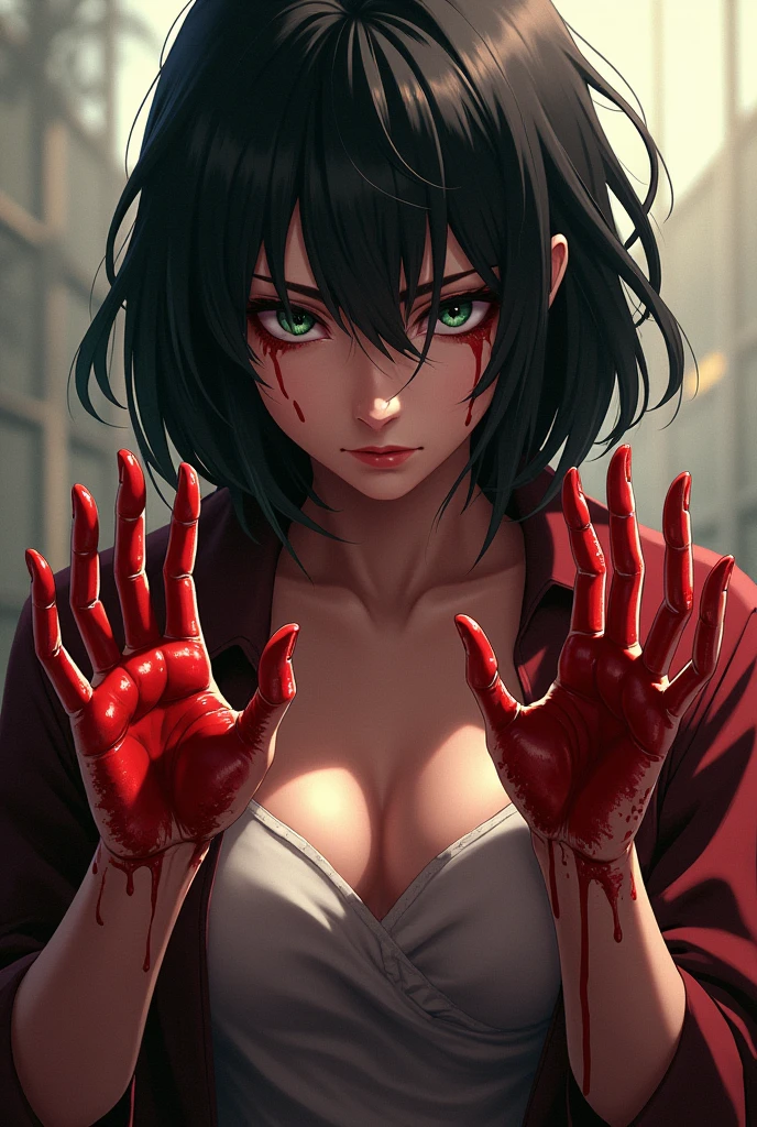 woman, full body, shoulder length black hair, hands up to the elbows in blood, green eyes, in the style of anime Attack on titan 