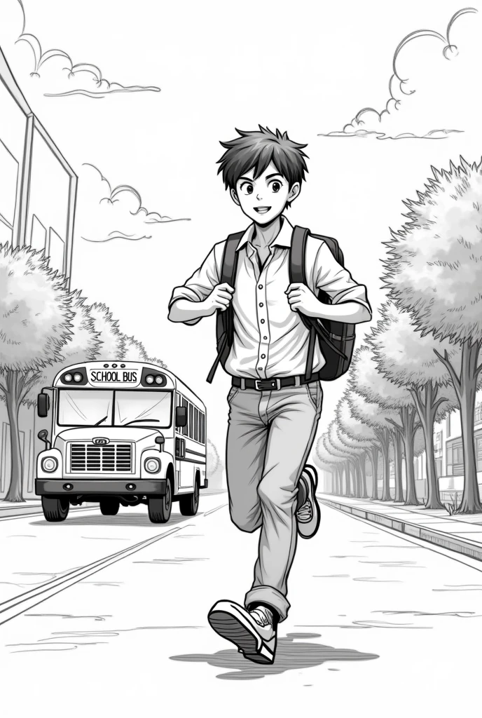 A highschool boy running after the bus because he's late,wearing a school uniform,line art,side view