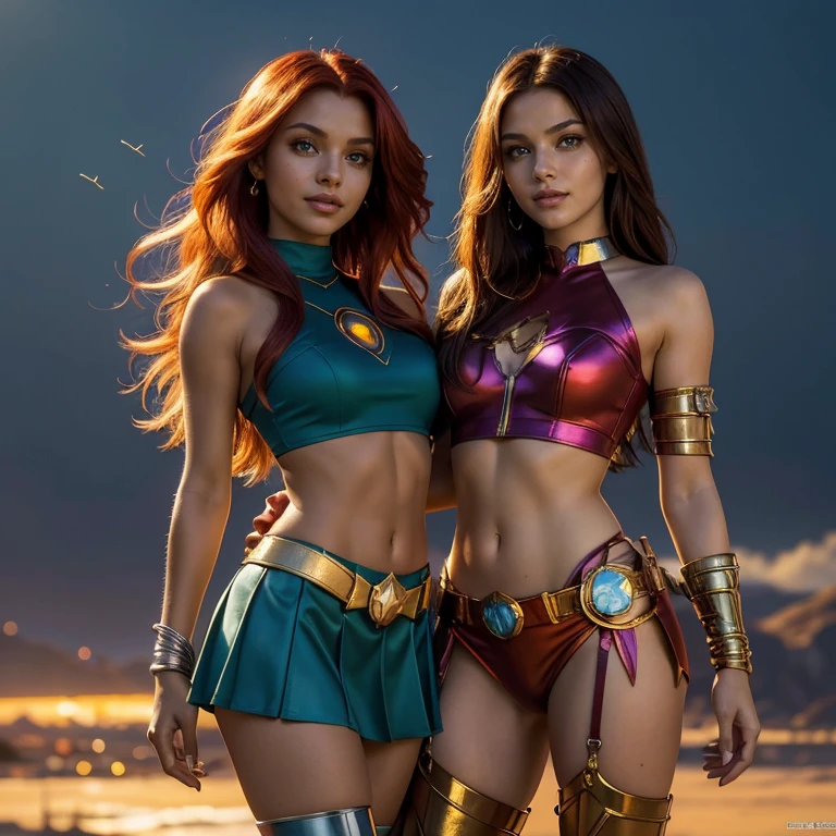 (​masterpiece, best quality:1.5), highest quality, High resolution, super detailed, Realists, Full body photo of 18-year-old Starfire from Teen Titans, detailed and beautiful bright green eyes, beautiful detailed lips, very detailed eyes and face, longeyelashes, additional eyebrows in the forehead area, Beautiful and colorful makeup, Fighting Pose, dark red hair, slightly orange skin, bright daylight, bright colors, fine brushstrokes, Portrait style, beautiful color palette, glowing skin, First-class rendering, that captures every detail, enchanting atmosphere, (perfect ???????:1.2), (The two stunning Starfire wear a dark blue top with shoulder plate, silver skirt and dark blue overknee boots.Animated series Teen Titans 2003, Starfire flies through the air,  Energy shines in her hands. She smiles with joy Panoramic view:1.2)