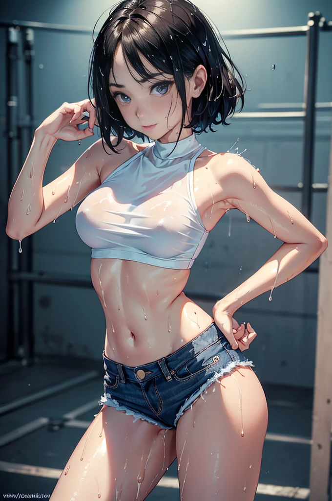 ((masterpiece)), (Professional photography:1.2), (HD:1.3), Portrait Photography, best quality, 8K, From the front, (Simple black T-shirt), Cute age girl, Super cute face, Light brown medium length hair, (flat chest), Pale skin, blush, Smile, Standing on White background, Hands on Hips, (shorts),Cute girl . so cute , Round Face . Solitary , Slim , Medium breasts , Short stature . Glowing skin . Pure white Tube Top T-shirt . shorts . Dynamic poses . Dynamic Angle . No background , White background , Looking at the audience,(((Clothes are wet)))liquid in butt、Fluid on the thighs、Flowing liquid(attractive butt:1.2),、exposed、Disheveled、Comfortable to wear，exposed breasts、(((Clothes are wet))),Tube Top，(((Ultra-thin clothing))),(Body model),((Body Contouring)),(stride),Grin, blush,Overactive Expression，crotch friction，Vulvar bulge，Vulva outline，Chest contour，Open the butt flap with both hands，Round Face，baby face，Sweat, Tears，Severe tremors，Heavy breathing，Awkward，Proudly,barefoot，Very thin limbs，Breast swelling is imminent，butt，Ripped denim mini skirt，arrogant，belly button，I peed a little，とてもI have a strong urge to pee，Wet underwear，Accurate and clean female fingers，Very thin limbs，身材非常Short stature，Very boyish body shape， Sultry body，Awkward，(Very blush, I&#39;I很兴奋, Happy, Smile, open mouth), Her little breasts were almost swollen..，I really want to go to the toilet，Heavy urine output，incontinence，I的身体正在抵抗强烈的排尿.，I have a strong urge to pee，Pass through,(((Round Face))), Drooping eyes, shame, A young housewife, (Focus on her mouth, Ecstasy face, Horny girl, Casual Wear, Unbuttoned shirt, Long skirt), (((Masturbating while caressing your body, Tongue))), Weaving, (((Art Nouveau))), From the angle from below,,sole