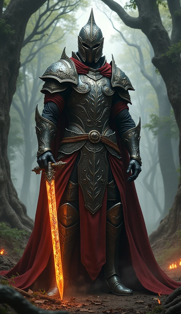 The Fire Guardian stands resolutely in the ancient forest, his presence commanding attention amidst the towering, ancient trees. He is clad in intricately designed armor, the metallic plates featuring detailed engravings and subtle flame motifs that reflect the dim light filtering through the dense canopy above. The armor, while functional and protective, also carries an air of elegance and ancient craftsmanship.

He holds a sword in his hand, its blade gleaming with a realistic sheen that captures the ambient light of the forest. The sword, adorned with flame-like engravings, symbolizes his connection to the elemental power of fire.

The background depicts an ancient forest with massive, gnarled trees and a canopy that filters sunlight into a soft, ethereal glow. The forest floor is covered in fallen leaves and rich, dark earth, enhancing the realistic and immersive quality of the scene. Subtle hints of flickering embers or glowing runes on the forest floor hint at the Fire Guardian's elemental power, adding a touch of fantasy to the otherwise grounded setting.

The overall effect combines the realistic details of the Fire Guardian's armor and sword with the mystical ambiance of the ancient forest, creating a scene that feels both grounded in reality and imbued with a sense of ancient magic and power.