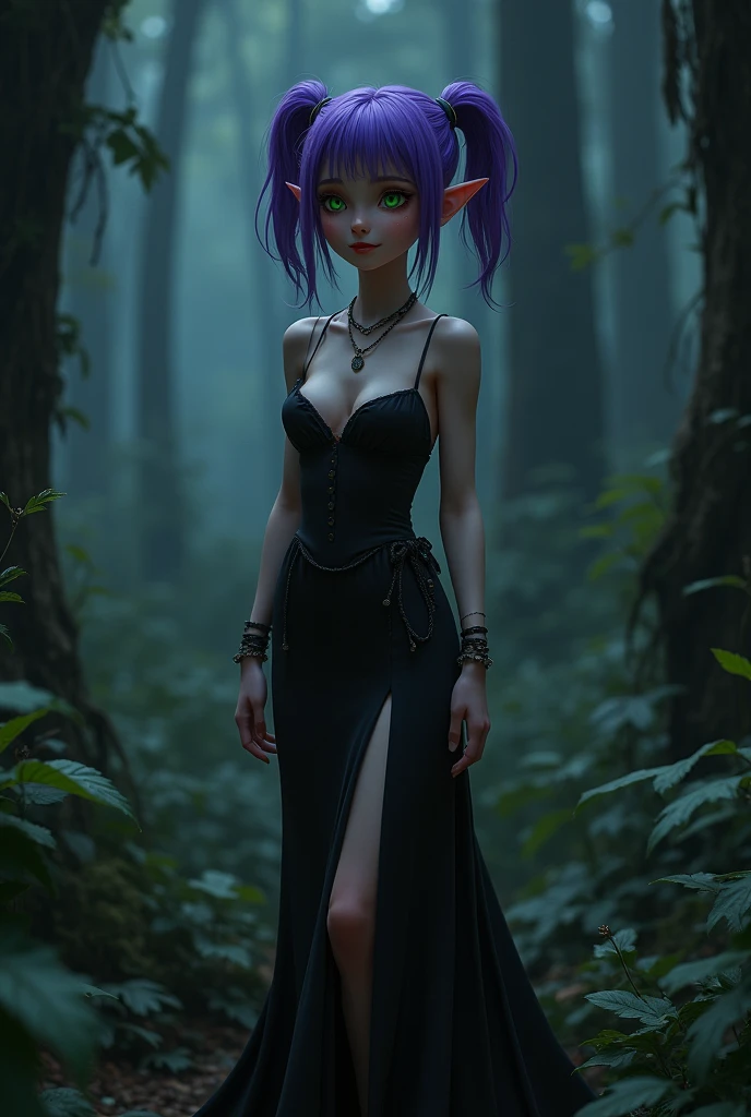 very young slim fit girl, (full body shot:1.5), shy smile, un, (purple hair:1.3), (two sides up:1.4), short hair, (big green eyes:1.3), perfect eyes, accurate small nose, plump lips, (perfect huge breast:1.3), look at you, eyelashes, very long slim fit leg, narrow hips, 8k, dark elf witch, long tight black dress with low-cut, large slit, (pointed ears), nipples trough clothes, night forest, jewelry, hands, slender girl, narrow hips, pelvic_curtain dress