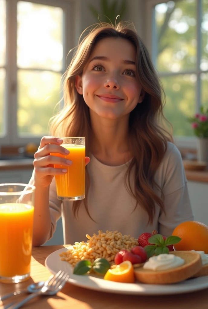 female teenage student having healthy breakfast, An orange juice in the morning of a bright and hopeful day. hyperrealistic image