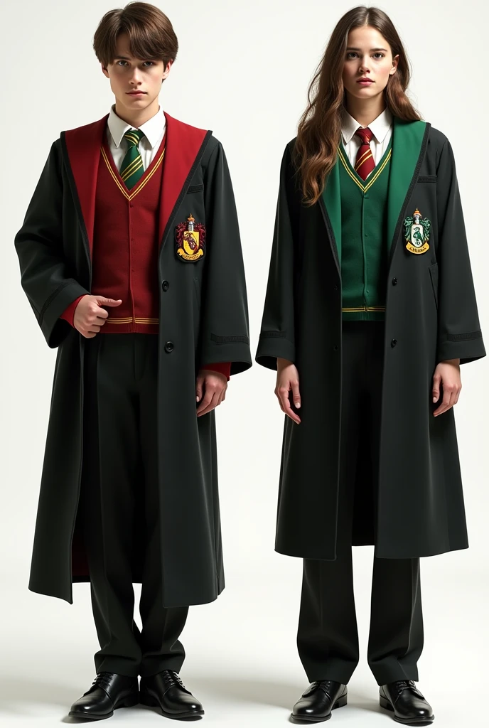  Hogwarts uniforms with blazers and coats corresponding to each house for men and women:

*gryffindor*

- Blazer: rojo con un escudo de gryffindor dorado en el pecho
- Abrigo: red hooded, con un bordado del emblema de gryffindor en oro
- Camisa y corbata: white and red - Pants/ Skirt: negro

*Slytherin*

- Blazer: emerald green with a silver Slytherin crest on the chest - Coat: emerald green hooded, with an embroidered Slytherin emblem in silver - Shirt and tie: white and green - Pants/ Skirt: negro

*Ravenclaw*

- Blazer: sky blue with a silver Ravenclaw crest on the chest - Coat: sky blue hooded, with an embroidered Ravenclaw emblem in silver - Shirt and tie: white and blue - Pants/ Skirt: negro

*Hufflepuff*

- Blazer: yellow with a gold Hufflepuff crest on the chest - Coat: yellow hooded, with an embroidered Hufflepuff emblem in gold - Shirt and tie: white and yellow - Pants/ Skirt: black I hope this description is useful to you. If you need something else, don&#39;t hesitate to ask!