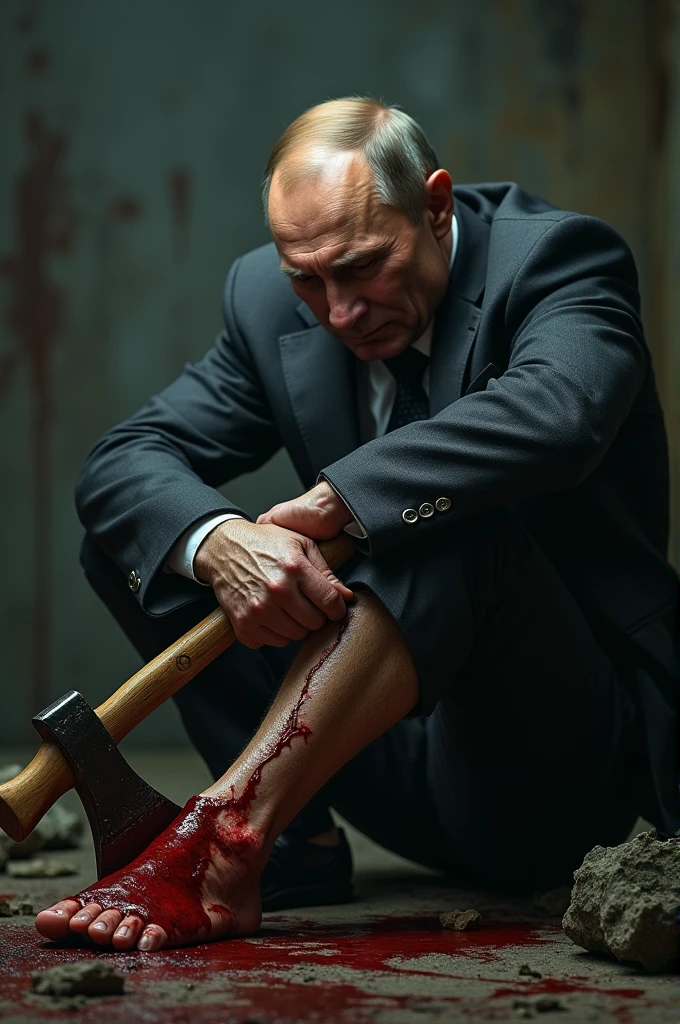 Vladimir Putin cutting his leg from axe