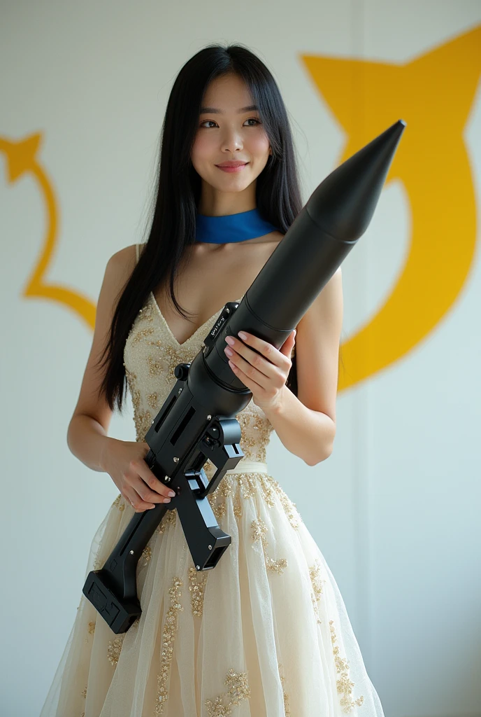 ((A brave woman who attacks with a rocket launcher that is 10 times the size of her body, 1 person)), 28 years old. Long straight black hair, slim face, very thin and fair skinned. She wears a beautiful Dior-esque white light tweed dress with gold accents. On stage for "Rocket Launcher", she wears a gorgeous dress with a blue strap around her neck and holds a ((Giant Rocket Launcher:1.3)). She smiles as she speaks to the audience. Behind her is a white wall with a yellow Sea Art logo painted on it. She has good style. Her eyes seem to have interesting and clever thoughts. Her overall vibe exudes confidence and determination as she shares her knowledge of AI technology with people from all walks of life. That's Sea Art's way of speaking. She points her ((Rocket Launcher:1.3)) at the audience.