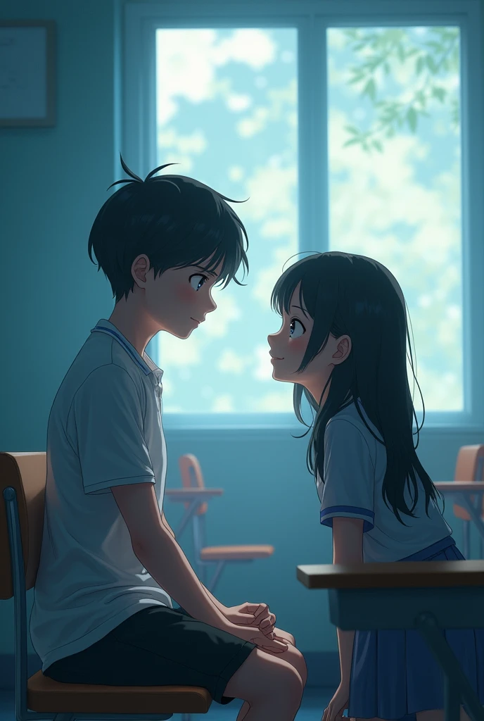 Imagine a class room in which a boy of age nearly 12 years sitting on a bench staring his crush a girl of the same age sitting on another bench, portrait, style is dream or anime and imagination,lens flare,lens blue