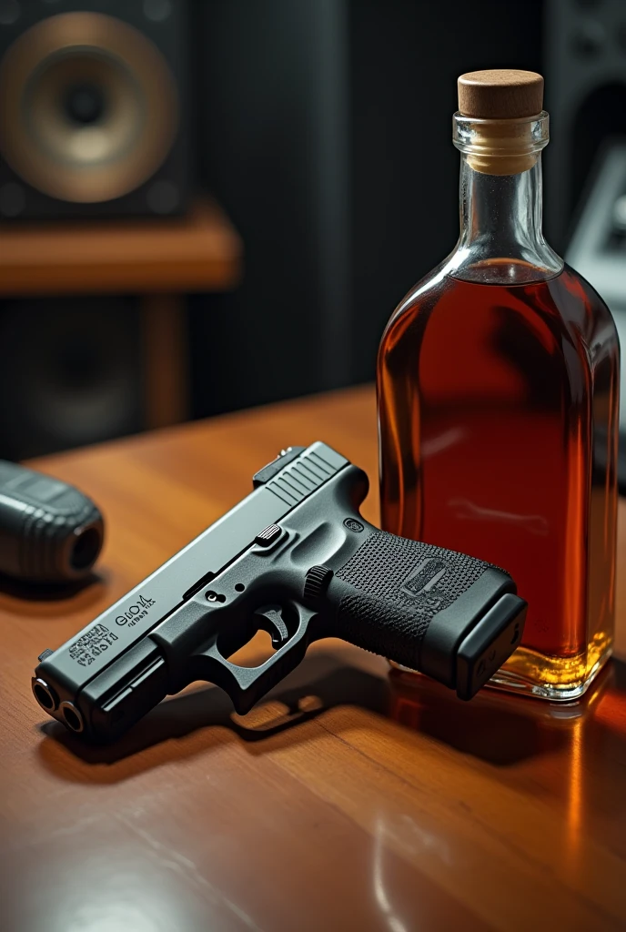 A Glock and a bottle of whiskey on a table inside a music studio
