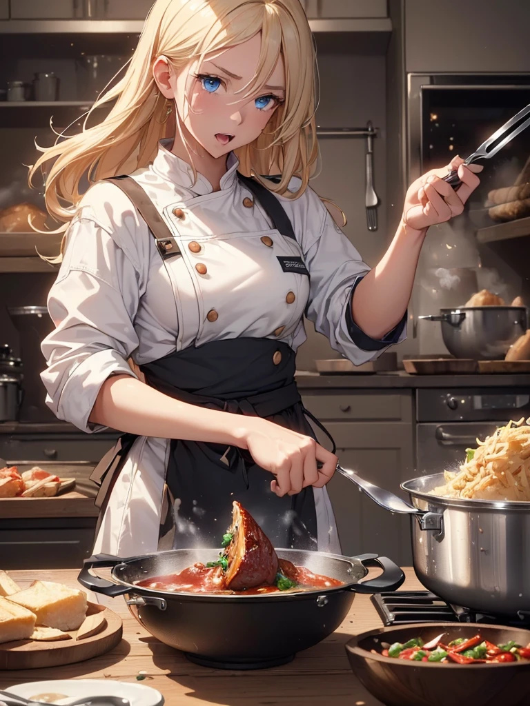 (((best quality, sharp image, clear image, cinematic lighting, 8k resolution, masterpiece, ultra detailed, intricate))) Girl dropping a pan, chef, (funny), ((clumsy)), cooking, kitchen, ((action pose)), blond hair, long hair, blue eyes, surprised expression